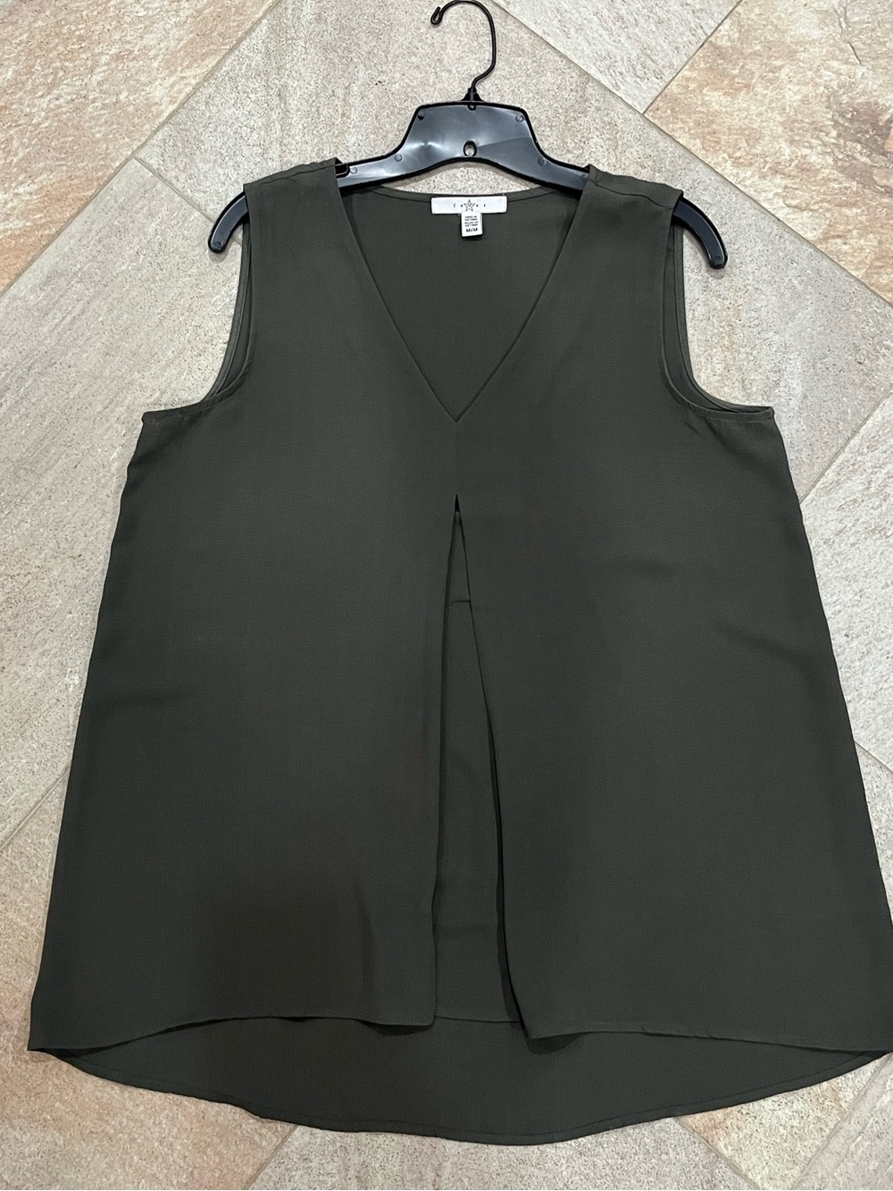 Olive V-Neck Pleated Sleeveless Tank M